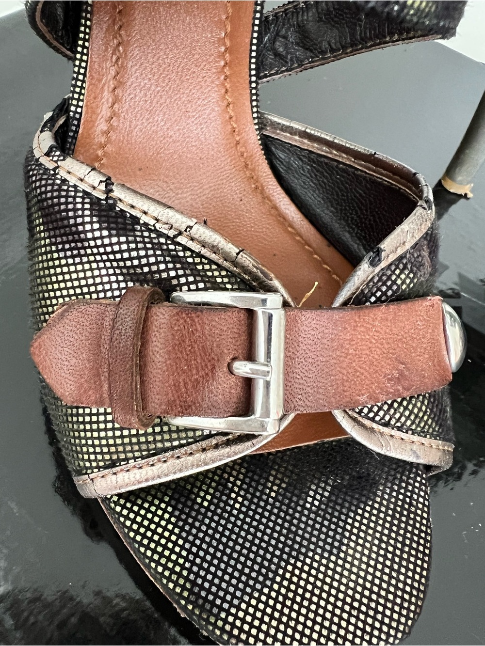 Miss Sixty Iridescent Black Strappy High Heel Sandals with Brown Accents - Picture 12 of 16